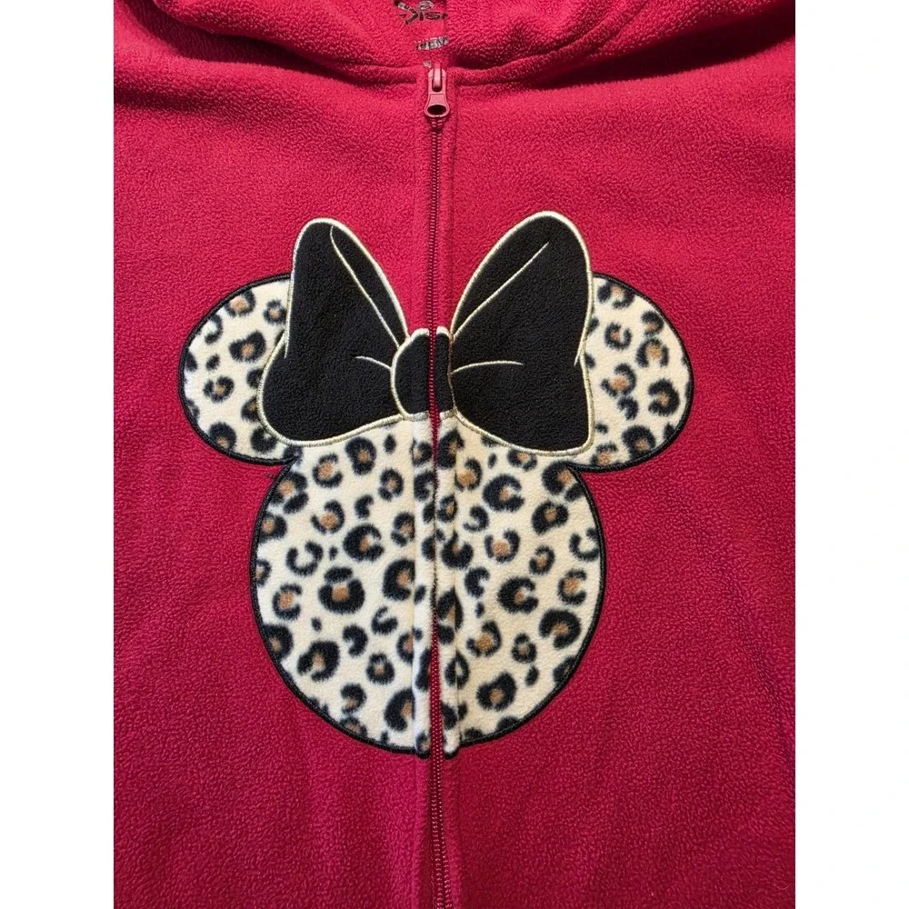 Disney Adult Minnie Mouse Red & Leopard Fleece 1 Pc Jumpsuit Pajamas Hood Size M - Picture 7 of 10